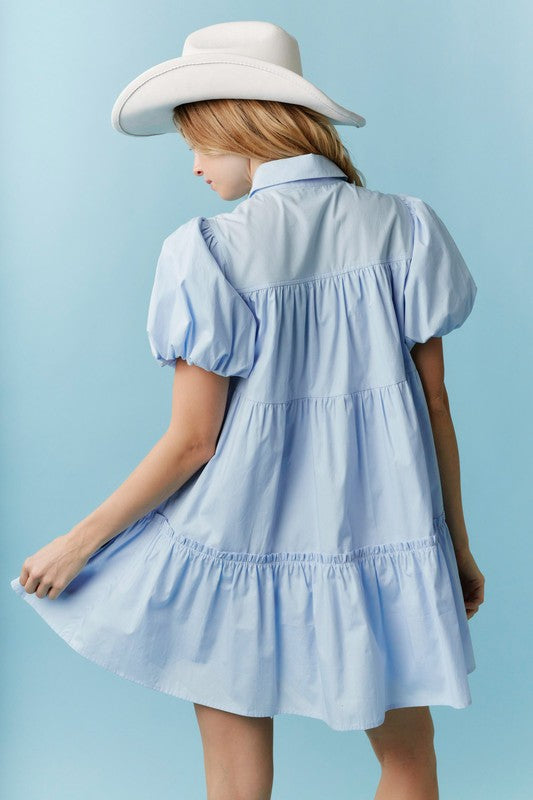 Lace Laser Cut Bow Embroidery Mini Dress Blue