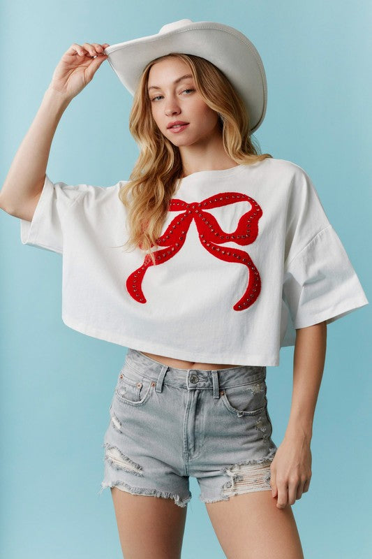 Rhinestone Studded Bow Embroidery Top White