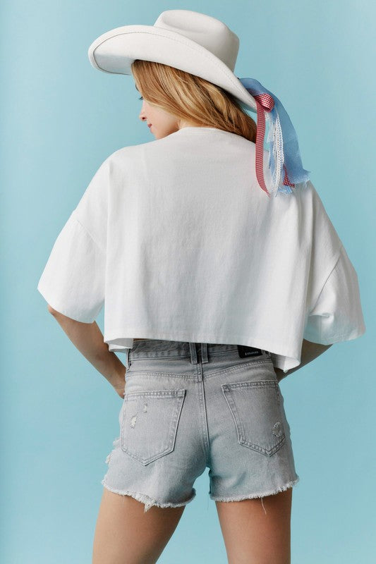 Rhinestone Studded Bow Embroidery Top White