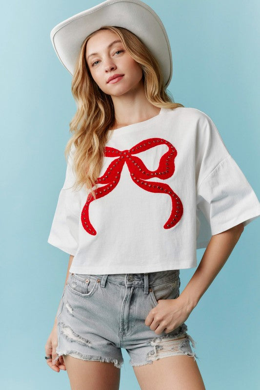 Rhinestone Studded Bow Embroidery Top White