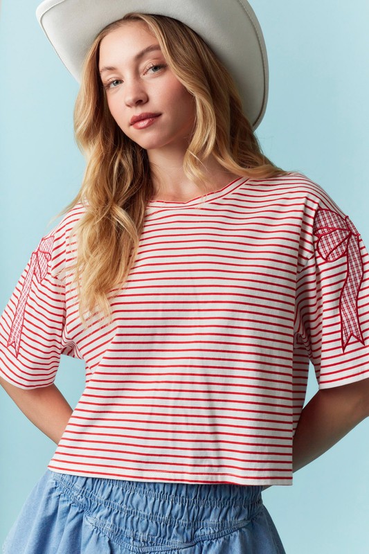 Bow Outline Embroidery Detail Striped Top Red