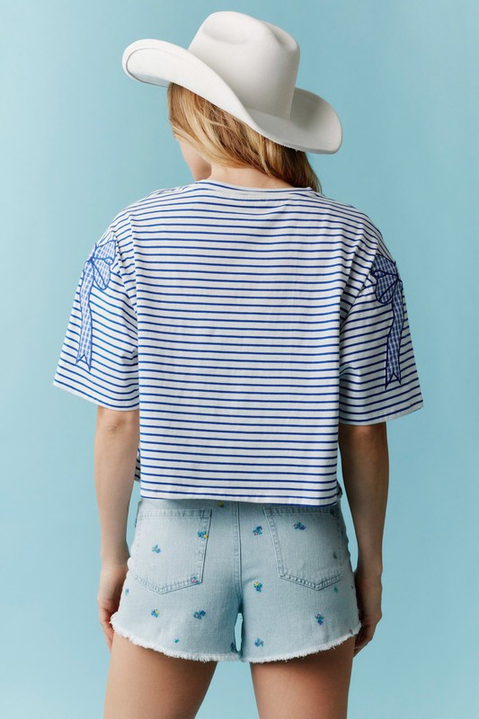 Bow Outline Embroidery Detail Striped Top Blue