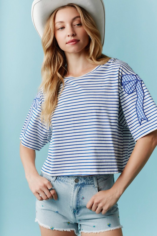 Bow Outline Embroidery Detail Striped Top Blue