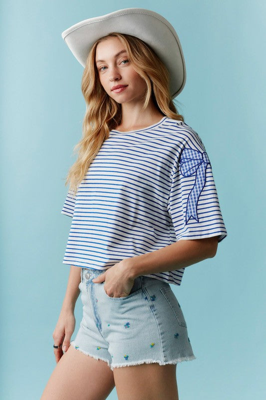 Bow Outline Embroidery Detail Striped Top Blue
