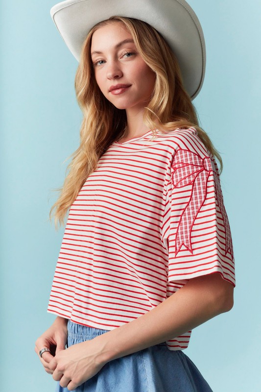 Bow Outline Embroidery Detail Striped Top Red