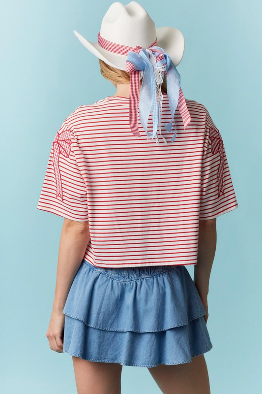 Bow Outline Embroidery Detail Striped Top Red
