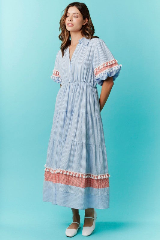 Button Down Gingham Midi Dress Blue