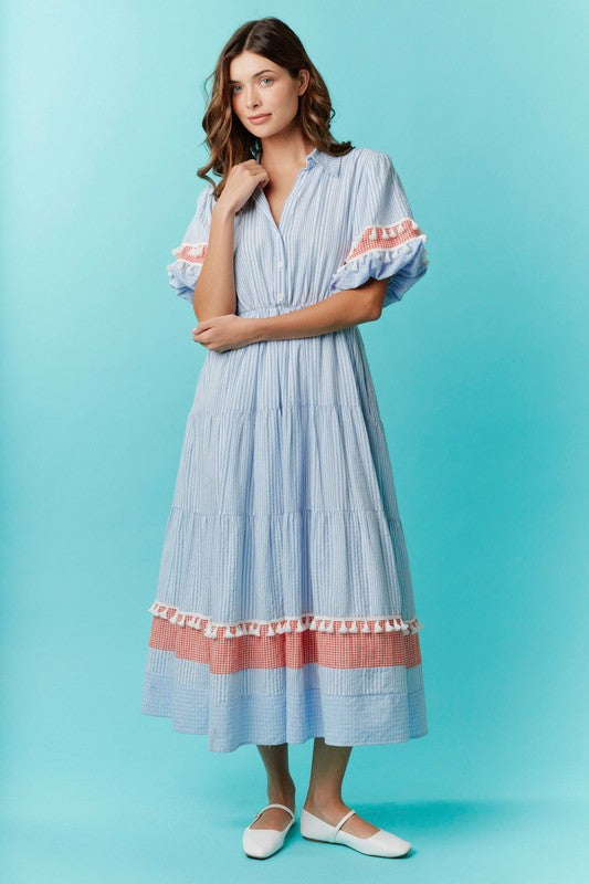Button Down Gingham Midi Dress Blue