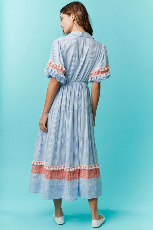 Button Down Gingham Midi Dress Blue