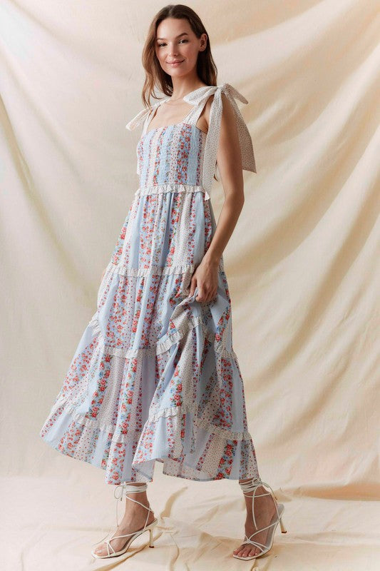 Multi Floral Printed Tie Shoulder Maxi Dress Blue