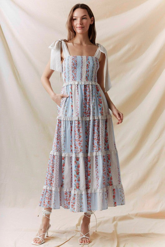 Multi Floral Printed Tie Shoulder Maxi Dress Blue