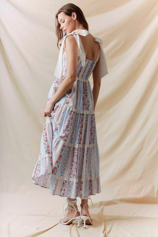 Multi Floral Printed Tie Shoulder Maxi Dress Blue