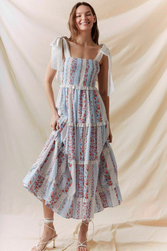 Multi Floral Printed Tie Shoulder Maxi Dress Blue
