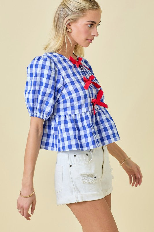 Gingham Contrast Ribbon Top Blue Red
