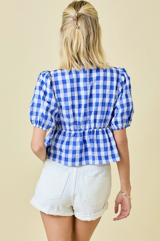 Gingham Contrast Ribbon Top Blue Red
