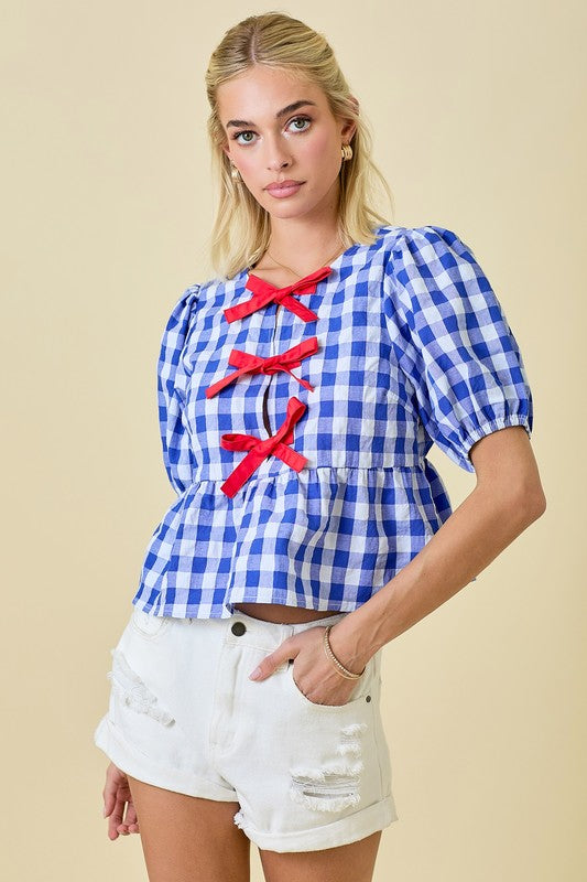 Gingham Contrast Ribbon Top Blue Red - Southern Fashion Boutique Bliss