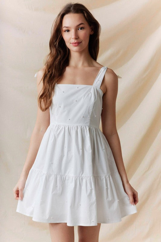 Pearl Embellished Mini Dress Off White