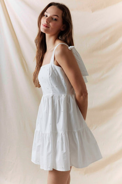 white mini dress with pearls Just A Girl Pearl wears an XS AS SEEN ON Adora Pearl Halter Mini Dress