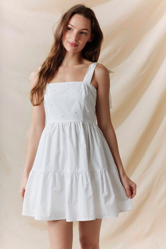 Pearl Embellished Mini Dress Off White