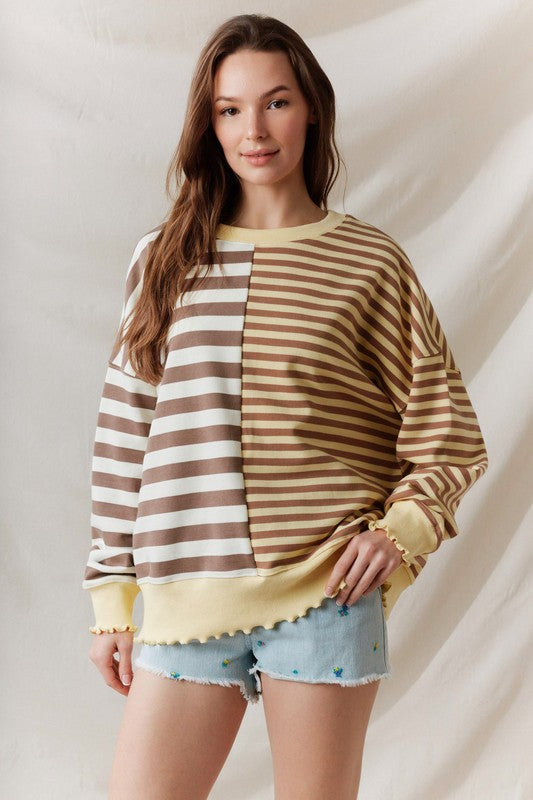 Striped Lettuce Hem Top Yellow/Mocha