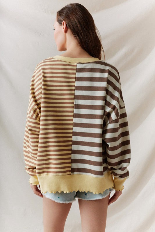 Striped Lettuce Hem Top Yellow/Mocha