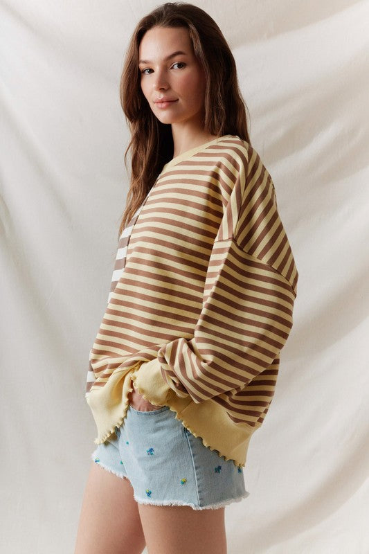 Striped Lettuce Hem Top Yellow/Mocha