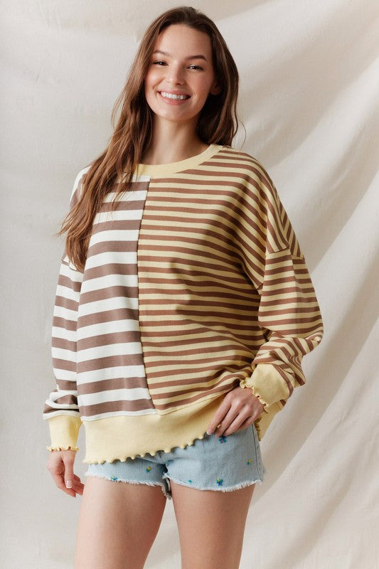 Striped Lettuce Hem Top Yellow/Mocha