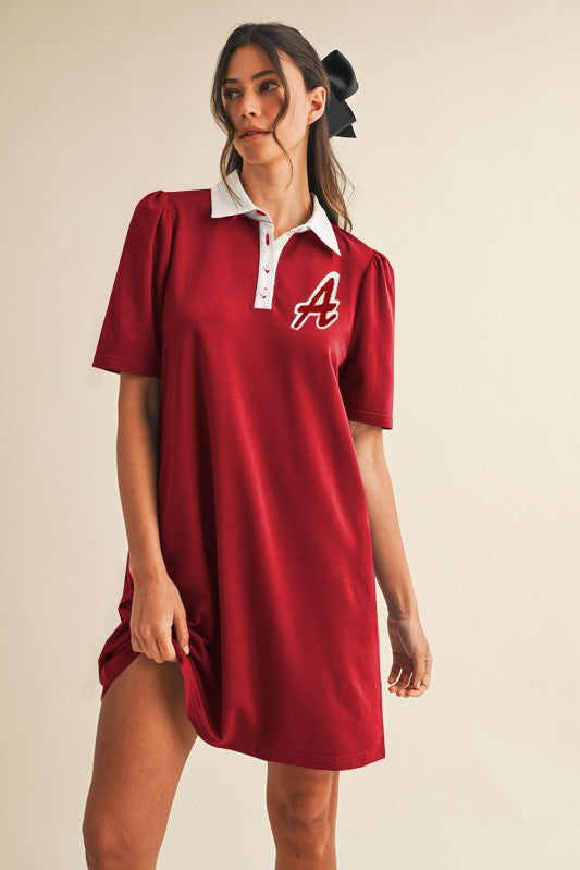 Game Day Patch Puff Sleeve Knit Dress Crimson