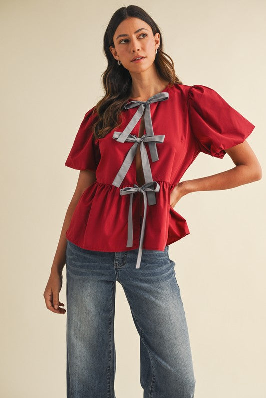 Game Day Bow Detail Peplum Top Crimson