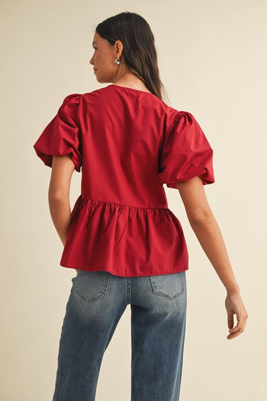 Game Day Bow Detail Peplum Top Crimson