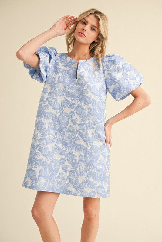 Flower Jacquard Embroidery Dress Blue
