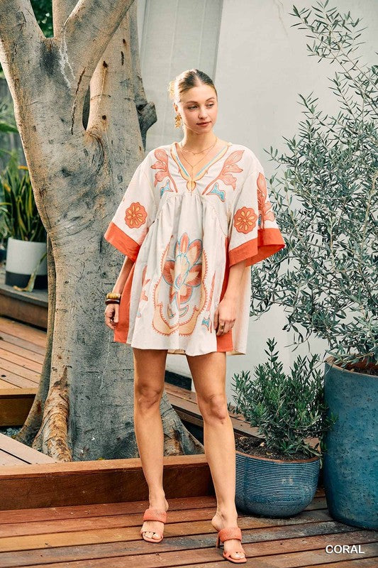 Bohemian Embroidered Kaftan Dress Coral