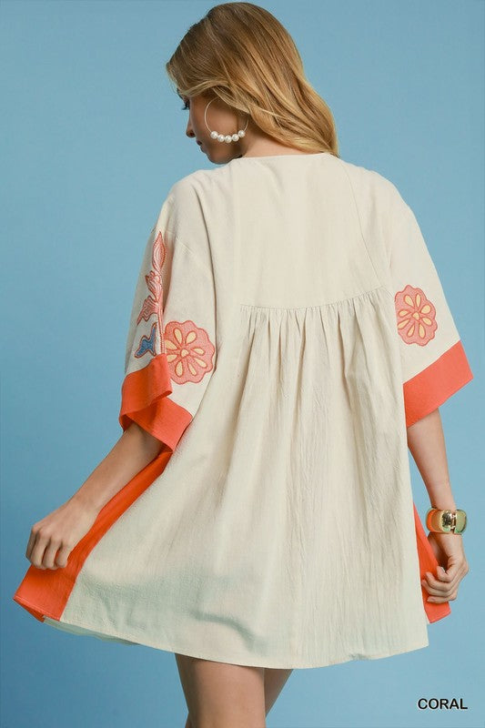 Bohemian Embroidered Kaftan Dress Coral