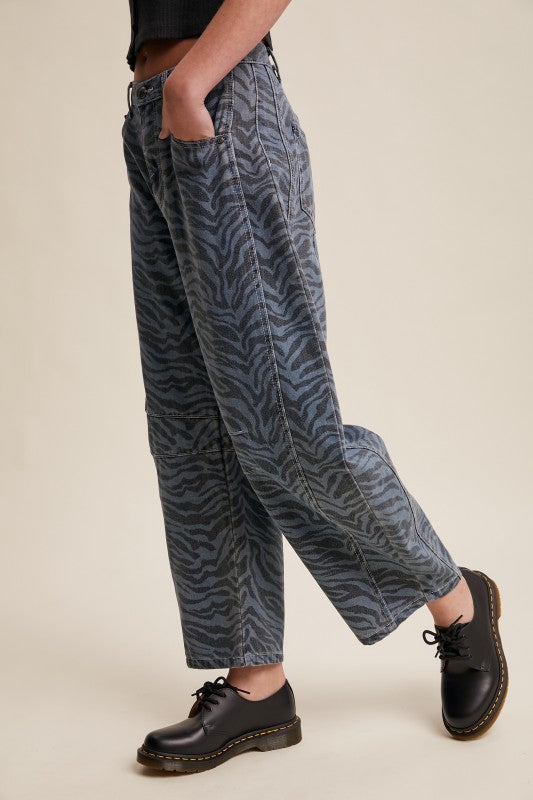 Zebra Print Barrel Jeans Denim