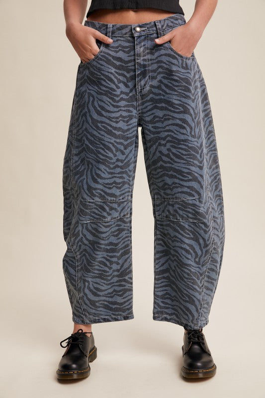 Zebra Print Barrel Jeans Denim