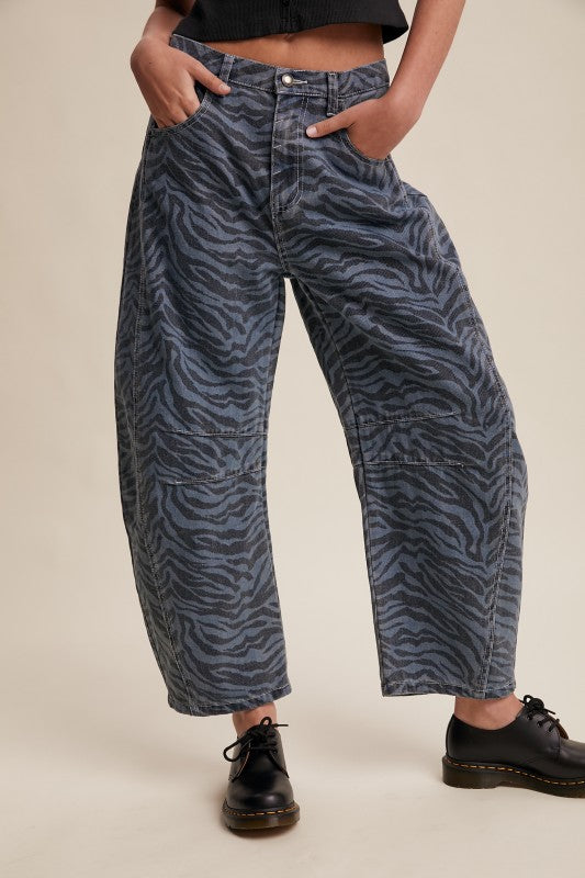 Zebra Print Barrel Jeans Denim