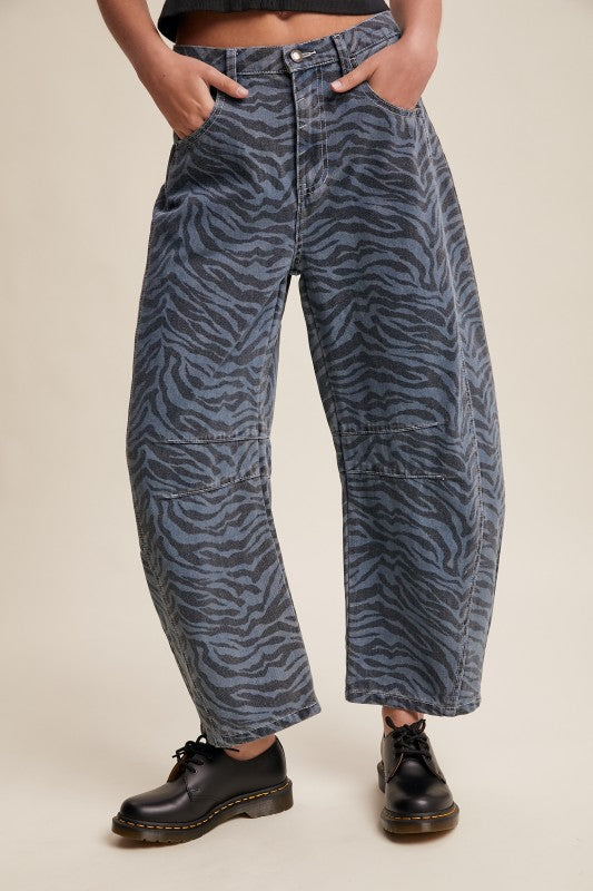 Zebra Print Barrel Jeans Denim