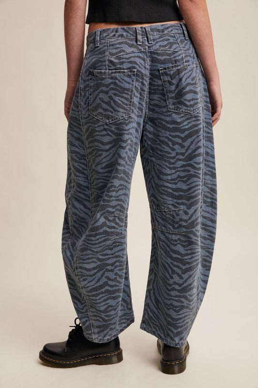 Zebra Print Barrel Jeans Denim