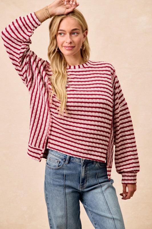 Textured Stripe Knit Open Seam Top Burgundy