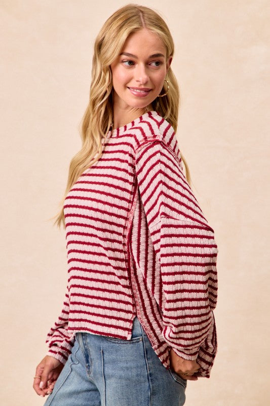 Textured Stripe Knit Open Seam Top Burgundy