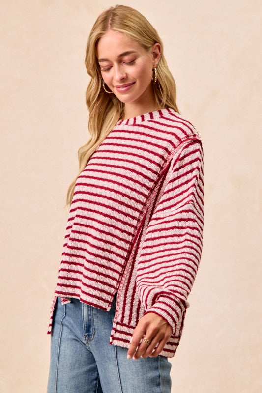Textured Stripe Knit Open Seam Top Burgundy
