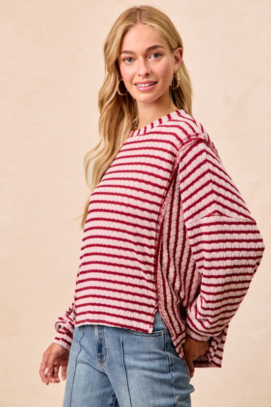Textured Stripe Knit Open Seam Top Burgundy