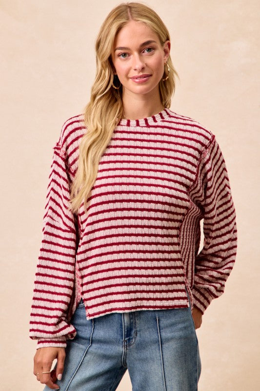 Textured Stripe Knit Open Seam Top Burgundy