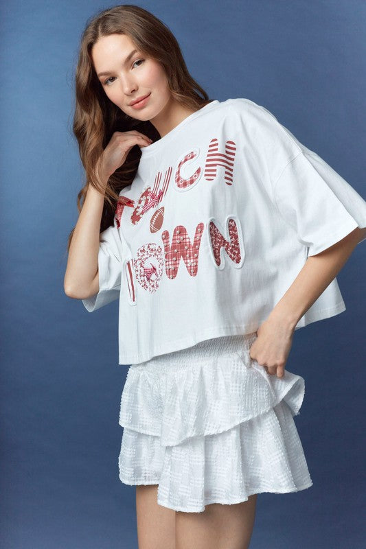 Touchdown Graphic Cropped Top Whiite Crimson