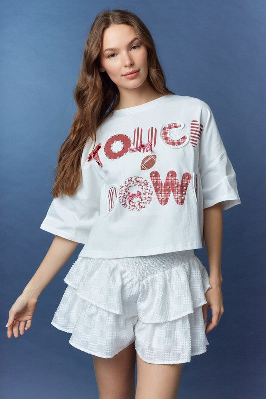 Touchdown Graphic Cropped Top Whiite Crimson