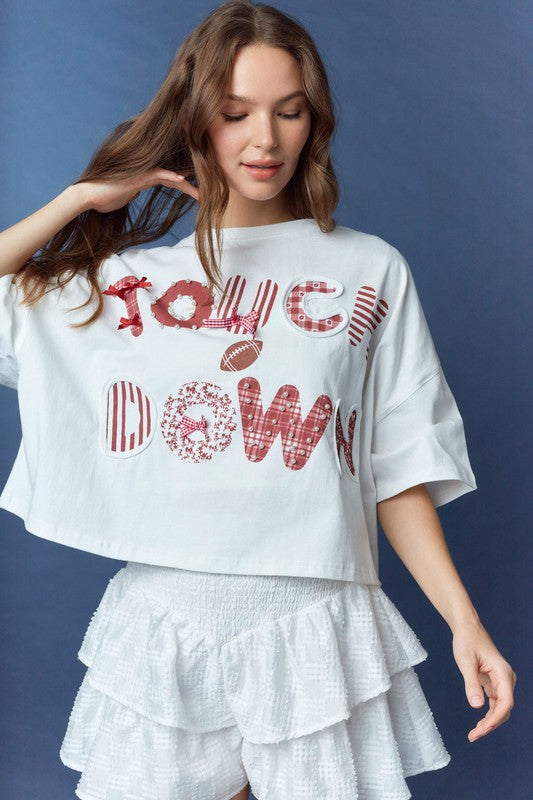 Touchdown Graphic Cropped Top Whiite Crimson