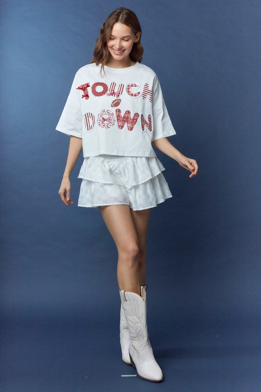 Touchdown Graphic Cropped Top Whiite Crimson