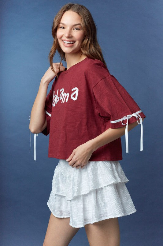 Satin Tape 'Alabama' Letter Crop Top Crimson