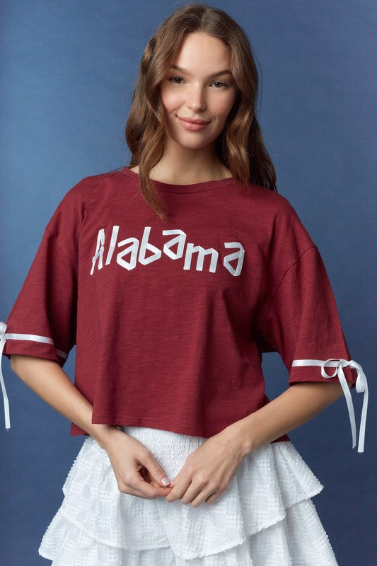 Satin Tape 'Alabama' Letter Crop Top Crimson