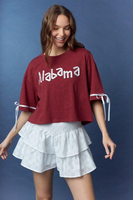 Satin Tape 'Alabama' Letter Crop Top Crimson